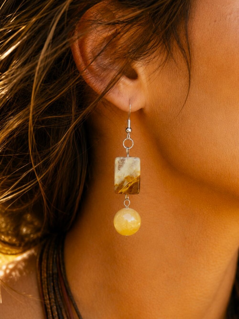 Watercolor Pressed Glass & Yellow Thread Jade Stone Earrings, Sterling Silver